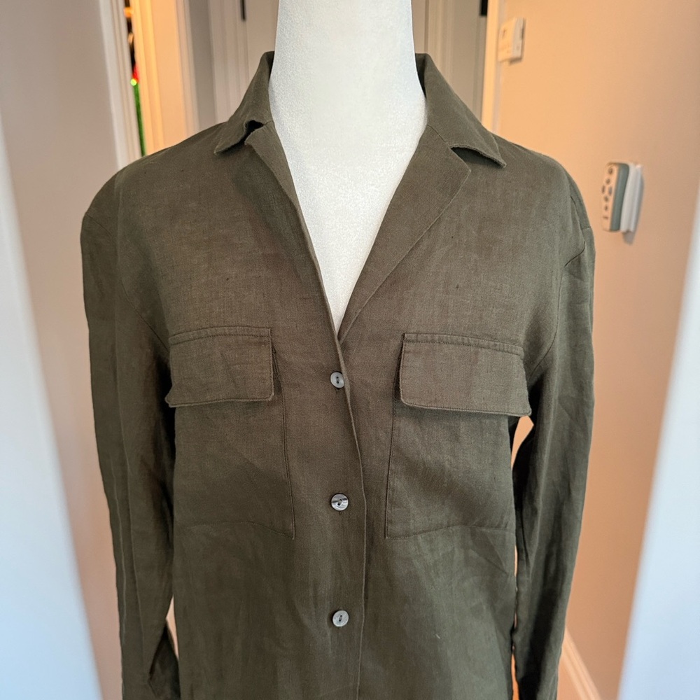 Theory Olive Green 100% Linen Casual Shirt - Picture 5 of 6